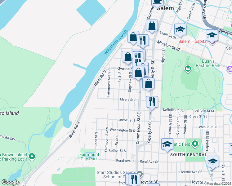 map of restaurants, bars, coffee shops, grocery stores, and more near 1339 Fir Street South in Salem