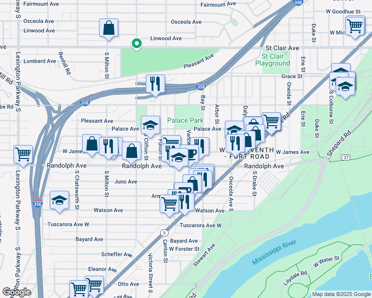map of restaurants, bars, coffee shops, grocery stores, and more near 761 West James Avenue in Saint Paul