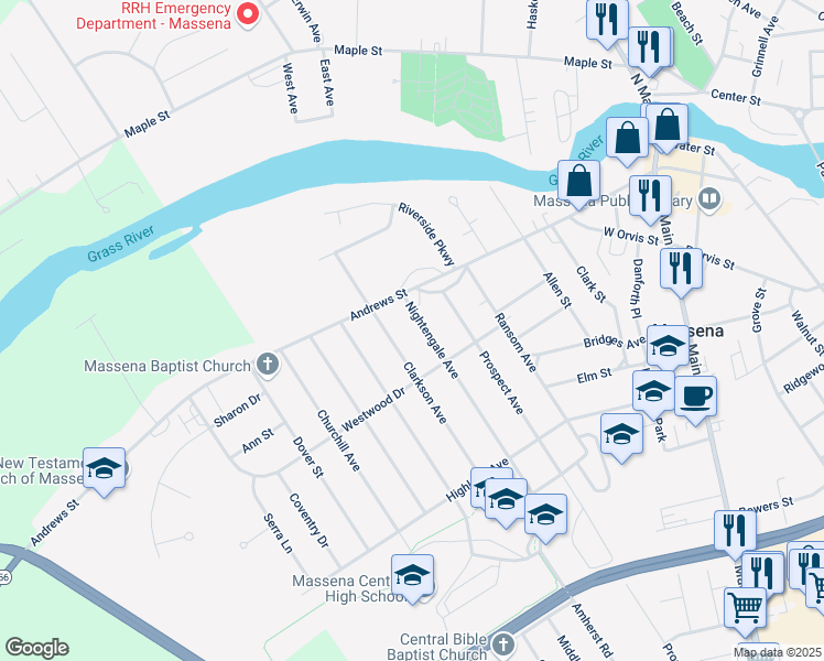 map of restaurants, bars, coffee shops, grocery stores, and more near 6 Nightengale Avenue in Massena