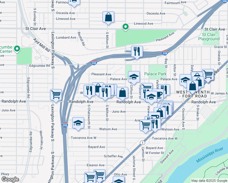 map of restaurants, bars, coffee shops, grocery stores, and more near 897 West James Avenue in Saint Paul