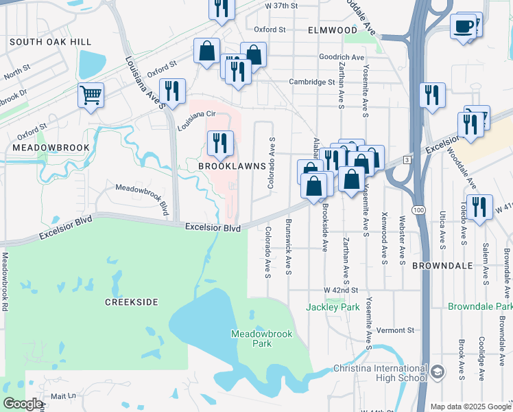 map of restaurants, bars, coffee shops, grocery stores, and more near 3999 Colorado Avenue South in Minneapolis