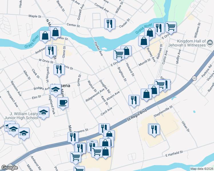 map of restaurants, bars, coffee shops, grocery stores, and more near 23 Douglas Rd in Massena