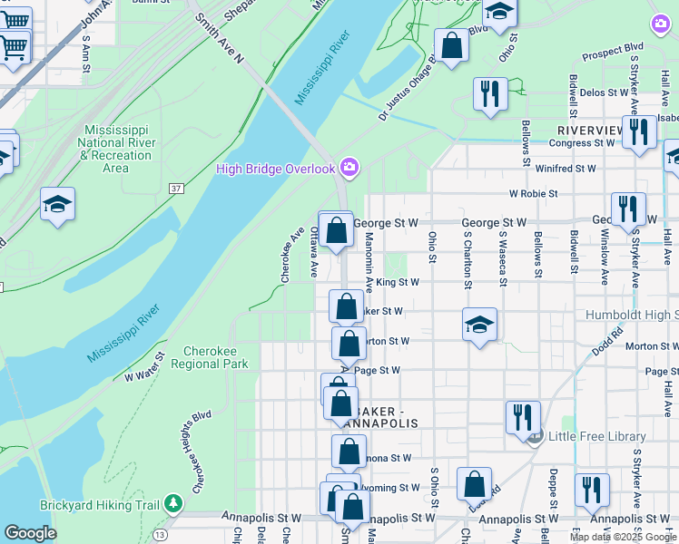 map of restaurants, bars, coffee shops, grocery stores, and more near 607 Smith Avenue South in Saint Paul