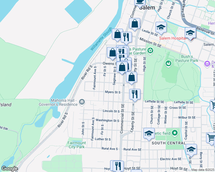 map of restaurants, bars, coffee shops, grocery stores, and more near 1342 Fir Street South in Salem