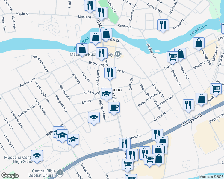 map of restaurants, bars, coffee shops, grocery stores, and more near in Massena