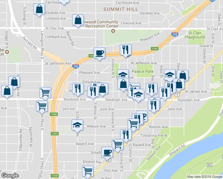 map of restaurants, bars, coffee shops, grocery stores, and more near 863 West James Avenue in Saint Paul