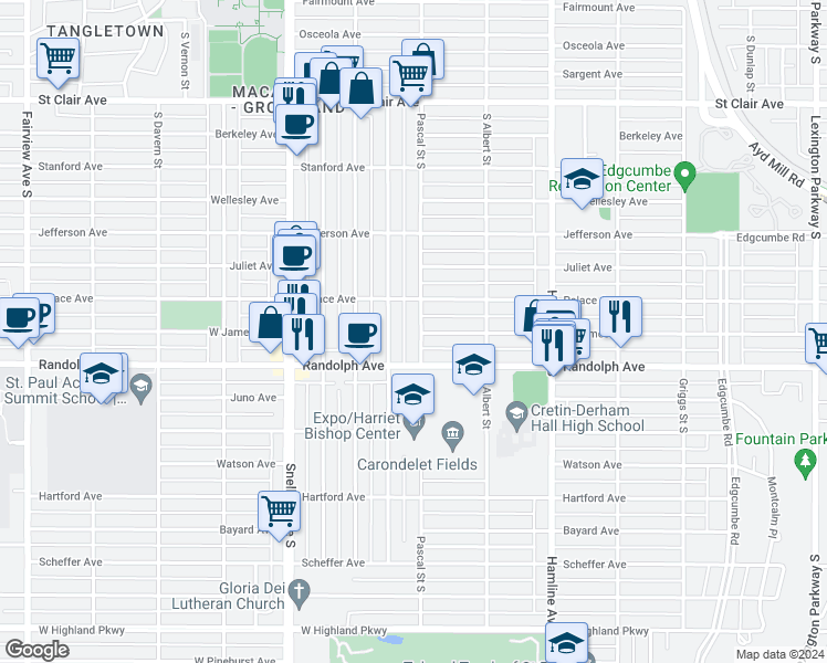map of restaurants, bars, coffee shops, grocery stores, and more near 449 Pascal Street South in Saint Paul