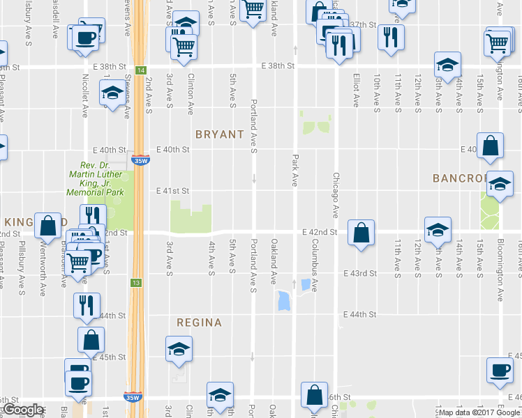 map of restaurants, bars, coffee shops, grocery stores, and more near 4125 Portland Avenue in Minneapolis