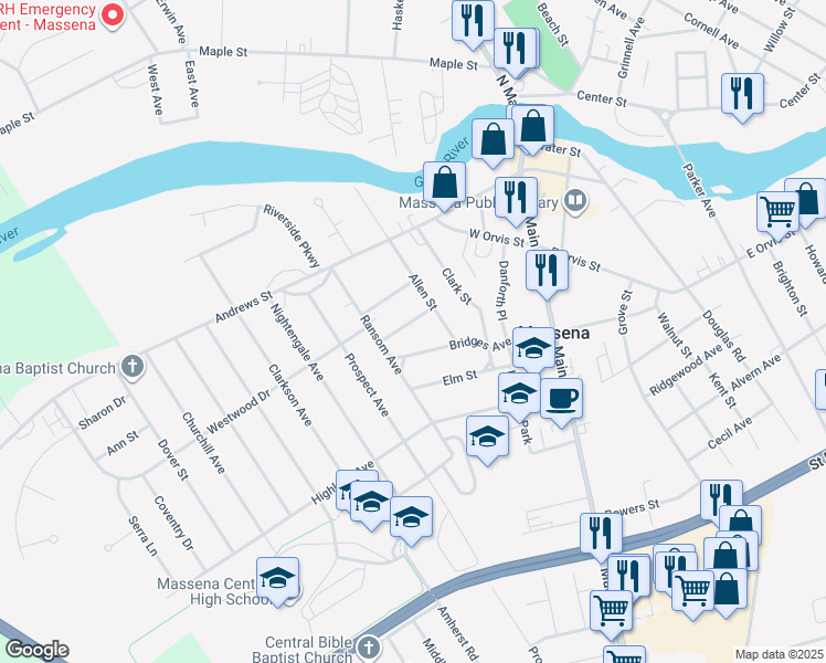 map of restaurants, bars, coffee shops, grocery stores, and more near 11 Chestnut Street in Massena