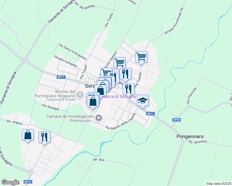 map of restaurants, bars, coffee shops, grocery stores, and more near 22 Via Garibaldi in Soragna