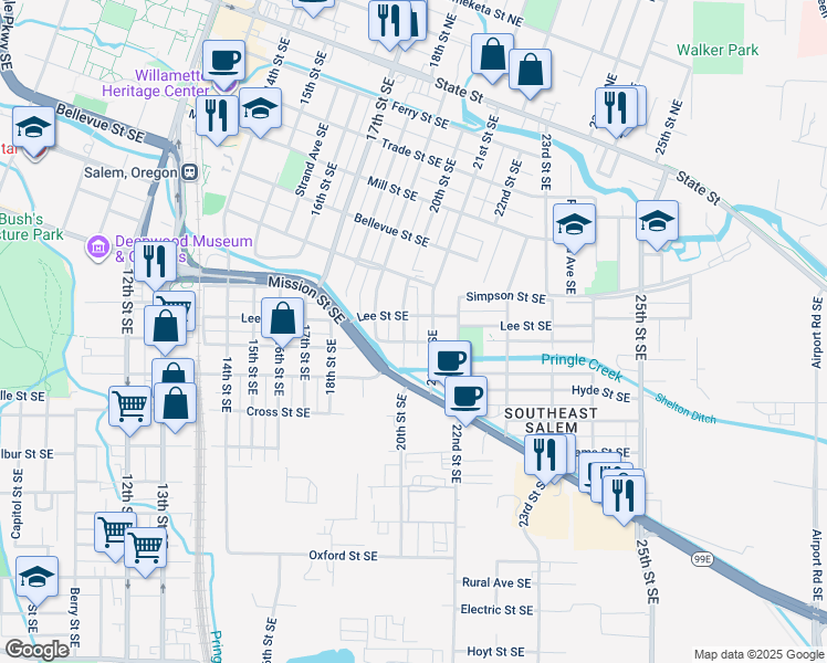 map of restaurants, bars, coffee shops, grocery stores, and more near 860 20th Street Southeast in Salem