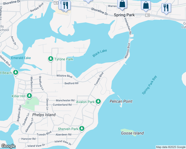 map of restaurants, bars, coffee shops, grocery stores, and more near 4470 Wilshire Boulevard in Mound