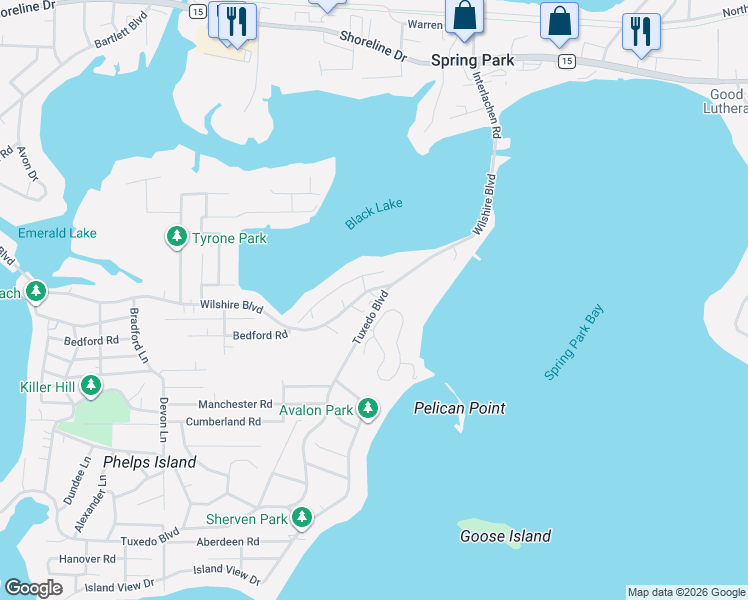 map of restaurants, bars, coffee shops, grocery stores, and more near 4400 Tuxedo Boulevard in Mound