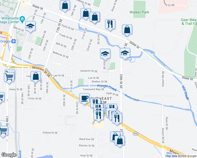 map of restaurants, bars, coffee shops, grocery stores, and more near 2292 Lee Street Southeast in Salem