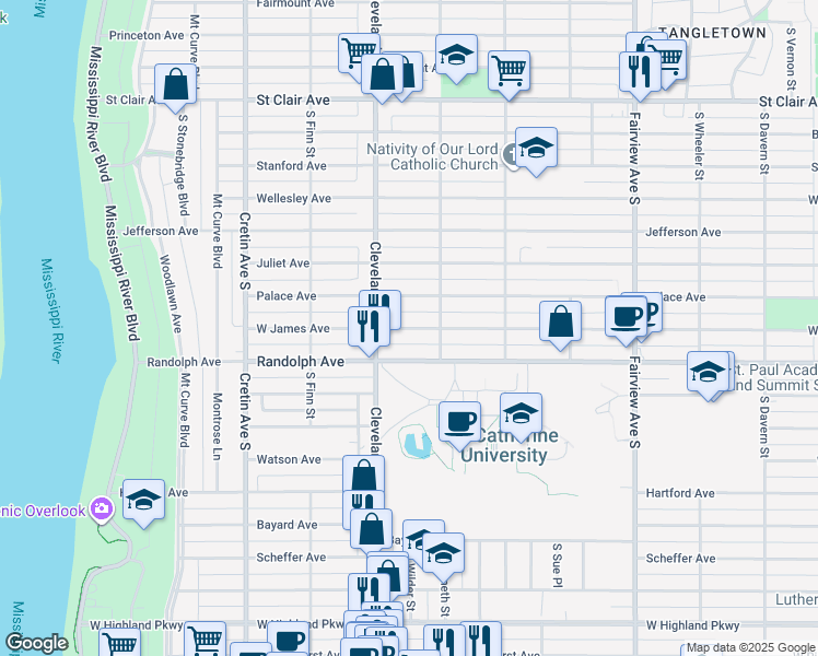 map of restaurants, bars, coffee shops, grocery stores, and more near 2027 West James Avenue in Saint Paul