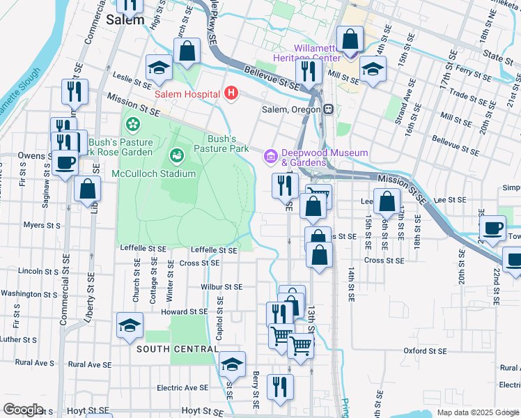 map of restaurants, bars, coffee shops, grocery stores, and more near 1095 Waller Street Southeast in Salem