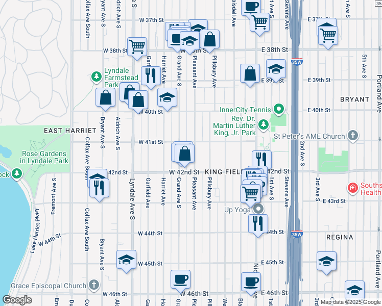 map of restaurants, bars, coffee shops, grocery stores, and more near 4120 Pleasant Avenue in Minneapolis