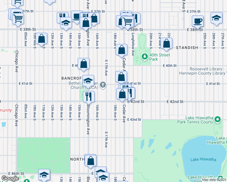 map of restaurants, bars, coffee shops, grocery stores, and more near 4118 18th Avenue South in Minneapolis