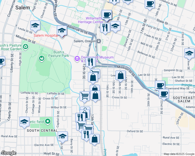 map of restaurants, bars, coffee shops, grocery stores, and more near 1333 Waller Street Southeast in Salem