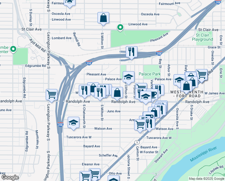 map of restaurants, bars, coffee shops, grocery stores, and more near 897 West James Avenue in Saint Paul