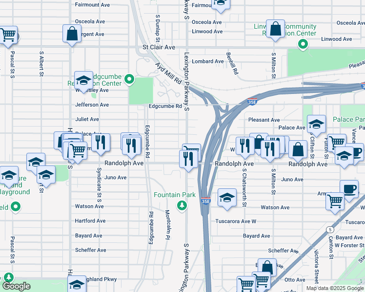 map of restaurants, bars, coffee shops, grocery stores, and more near 445 Lexington Parkway South in Saint Paul