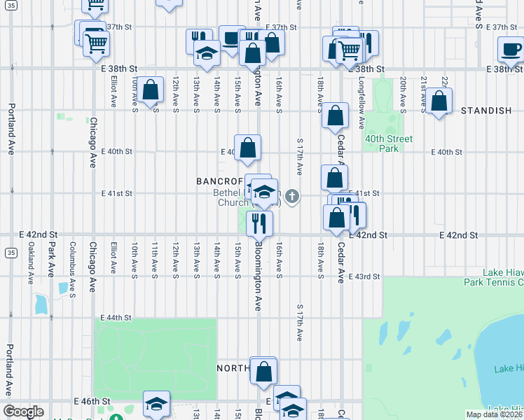 map of restaurants, bars, coffee shops, grocery stores, and more near 4137 Bloomington Avenue in Minneapolis