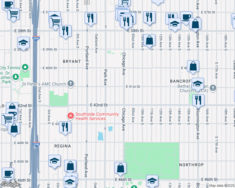 map of restaurants, bars, coffee shops, grocery stores, and more near 4120 Columbus Avenue South in Minneapolis