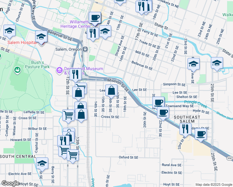 map of restaurants, bars, coffee shops, grocery stores, and more near 1690 Lee Street Southeast in Salem