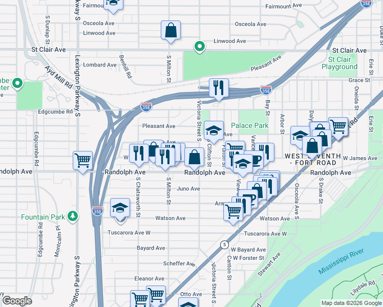 map of restaurants, bars, coffee shops, grocery stores, and more near 863 West James Avenue in Saint Paul