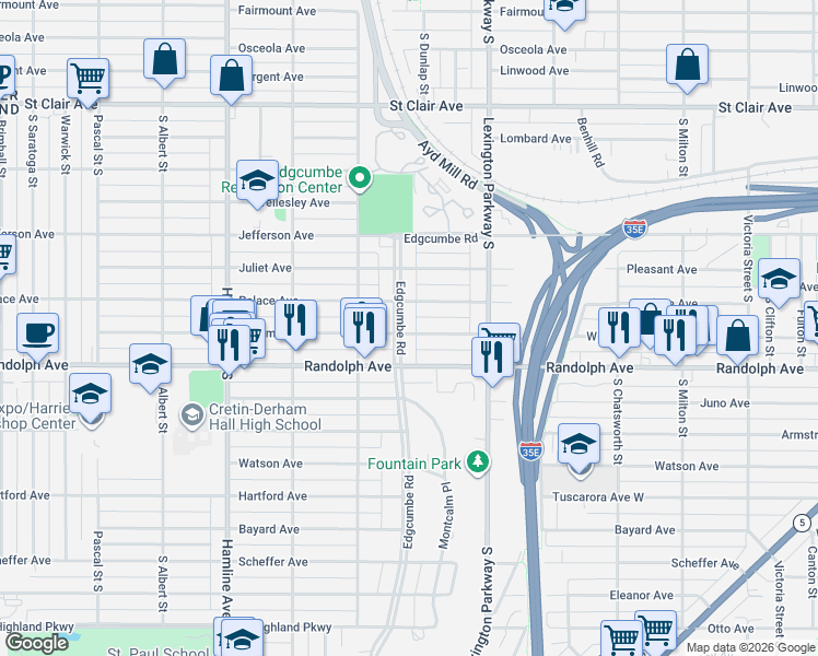 map of restaurants, bars, coffee shops, grocery stores, and more near 1262 Edgcumbe Road in Saint Paul