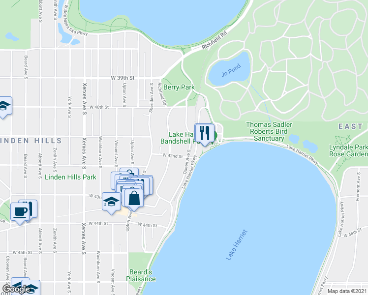 map of restaurants, bars, coffee shops, grocery stores, and more near 4120 Queen Avenue South in Minneapolis