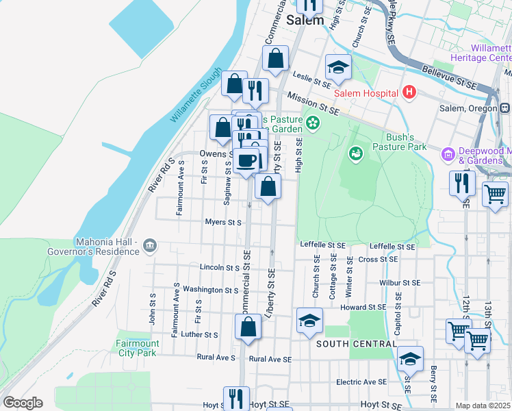 map of restaurants, bars, coffee shops, grocery stores, and more near 1330 Commercial Street Southeast in Salem