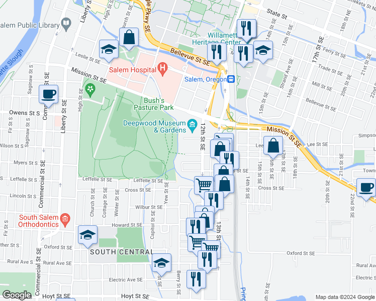 map of restaurants, bars, coffee shops, grocery stores, and more near 1103 Waller Street Southeast in Salem