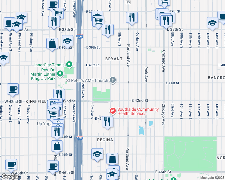 map of restaurants, bars, coffee shops, grocery stores, and more near 4121 4th Avenue South in Minneapolis
