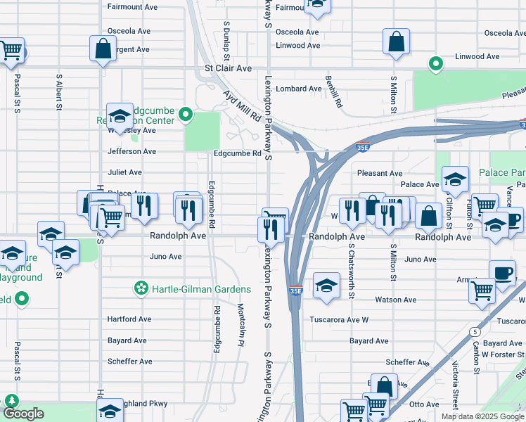 map of restaurants, bars, coffee shops, grocery stores, and more near 445 Lexington Parkway South in Saint Paul