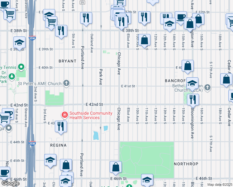map of restaurants, bars, coffee shops, grocery stores, and more near 4129 Chicago Avenue in Minneapolis