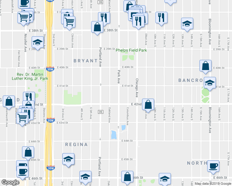 map of restaurants, bars, coffee shops, grocery stores, and more near 4120 Park Avenue in Minneapolis