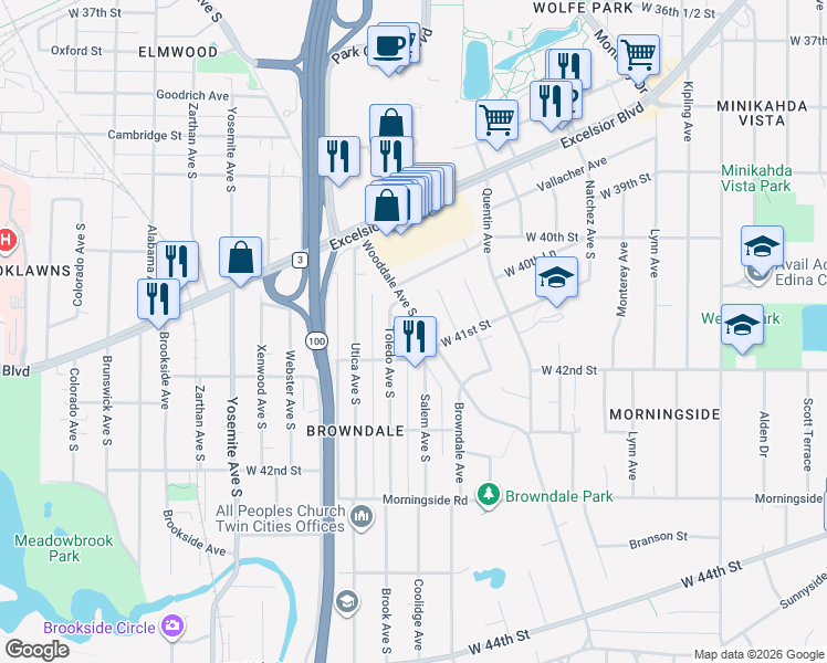 map of restaurants, bars, coffee shops, grocery stores, and more near 4069 Toledo Avenue South in Minneapolis