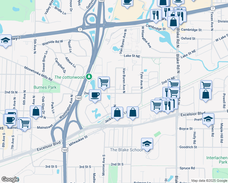 map of restaurants, bars, coffee shops, grocery stores, and more near 439 2nd Street Northeast in Hopkins