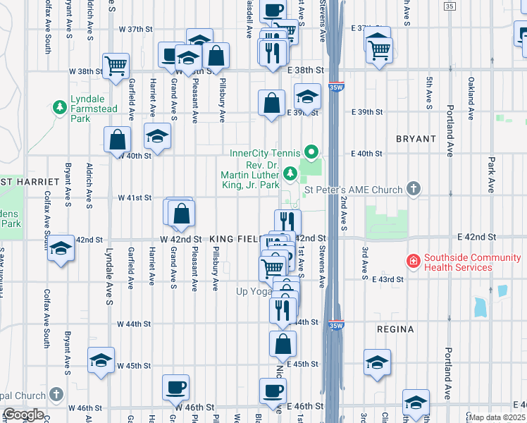 map of restaurants, bars, coffee shops, grocery stores, and more near 4119 Blaisdell Avenue in Minneapolis