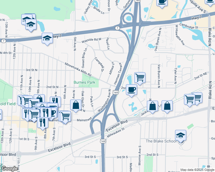 map of restaurants, bars, coffee shops, grocery stores, and more near 202 Washington Avenue North in Hopkins