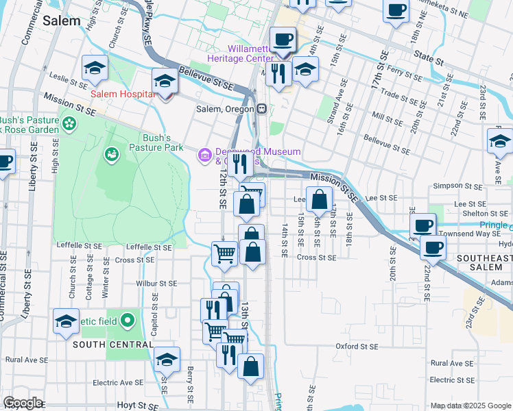 map of restaurants, bars, coffee shops, grocery stores, and more near 1333 Waller Street Southeast in Salem