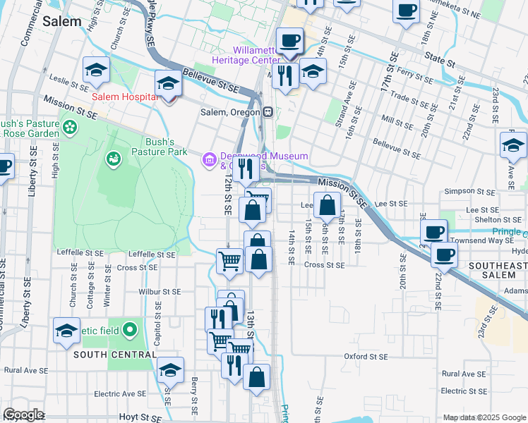 map of restaurants, bars, coffee shops, grocery stores, and more near 1333 Waller Street Southeast in Salem