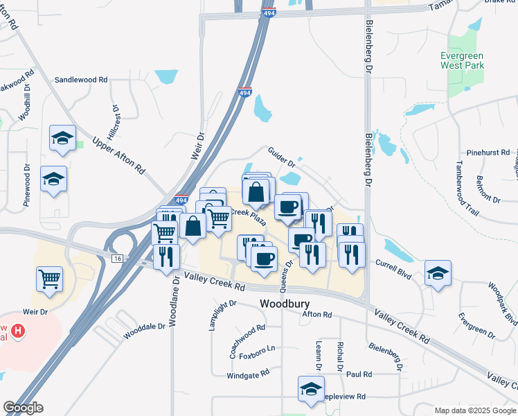 map of restaurants, bars, coffee shops, grocery stores, and more near 7150 Valley Creek Road in Woodbury