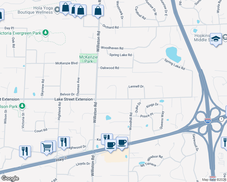 map of restaurants, bars, coffee shops, grocery stores, and more near 4128 Red Oak Ridge in Minnetonka