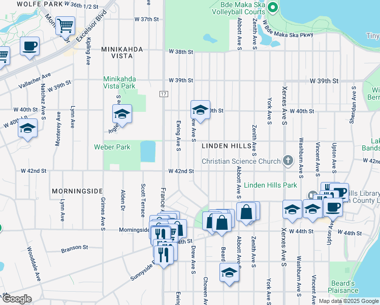 map of restaurants, bars, coffee shops, grocery stores, and more near 4116 Drew Avenue South in Minneapolis
