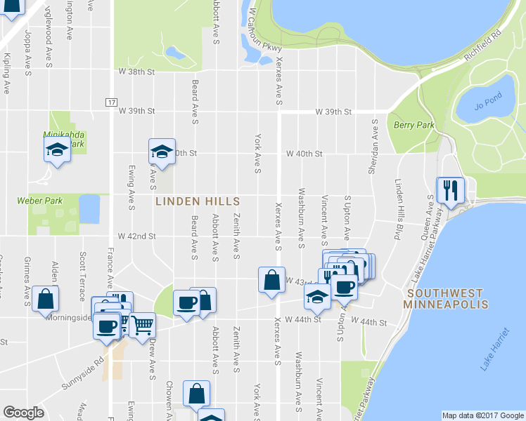 map of restaurants, bars, coffee shops, grocery stores, and more near 4119 York Avenue South in Minneapolis