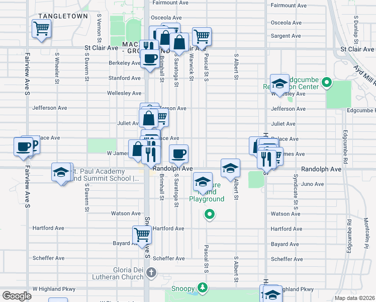 map of restaurants, bars, coffee shops, grocery stores, and more near 445 Warwick Street in Saint Paul