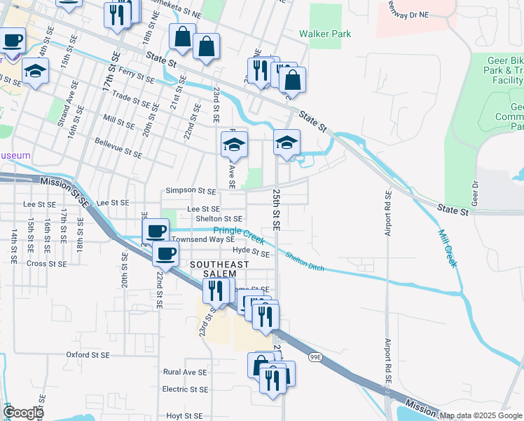 map of restaurants, bars, coffee shops, grocery stores, and more near 2436-2474 Lee Street Southeast in Salem