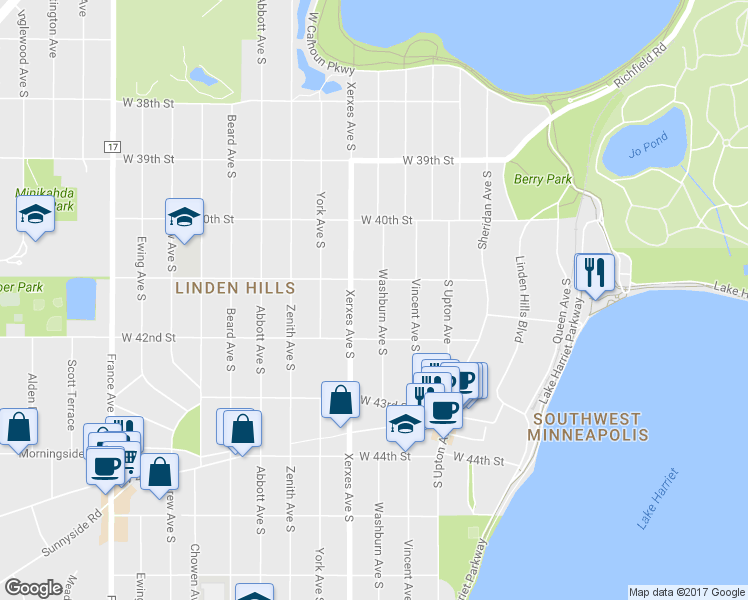 map of restaurants, bars, coffee shops, grocery stores, and more near 4116 Washburn Avenue South in Minneapolis